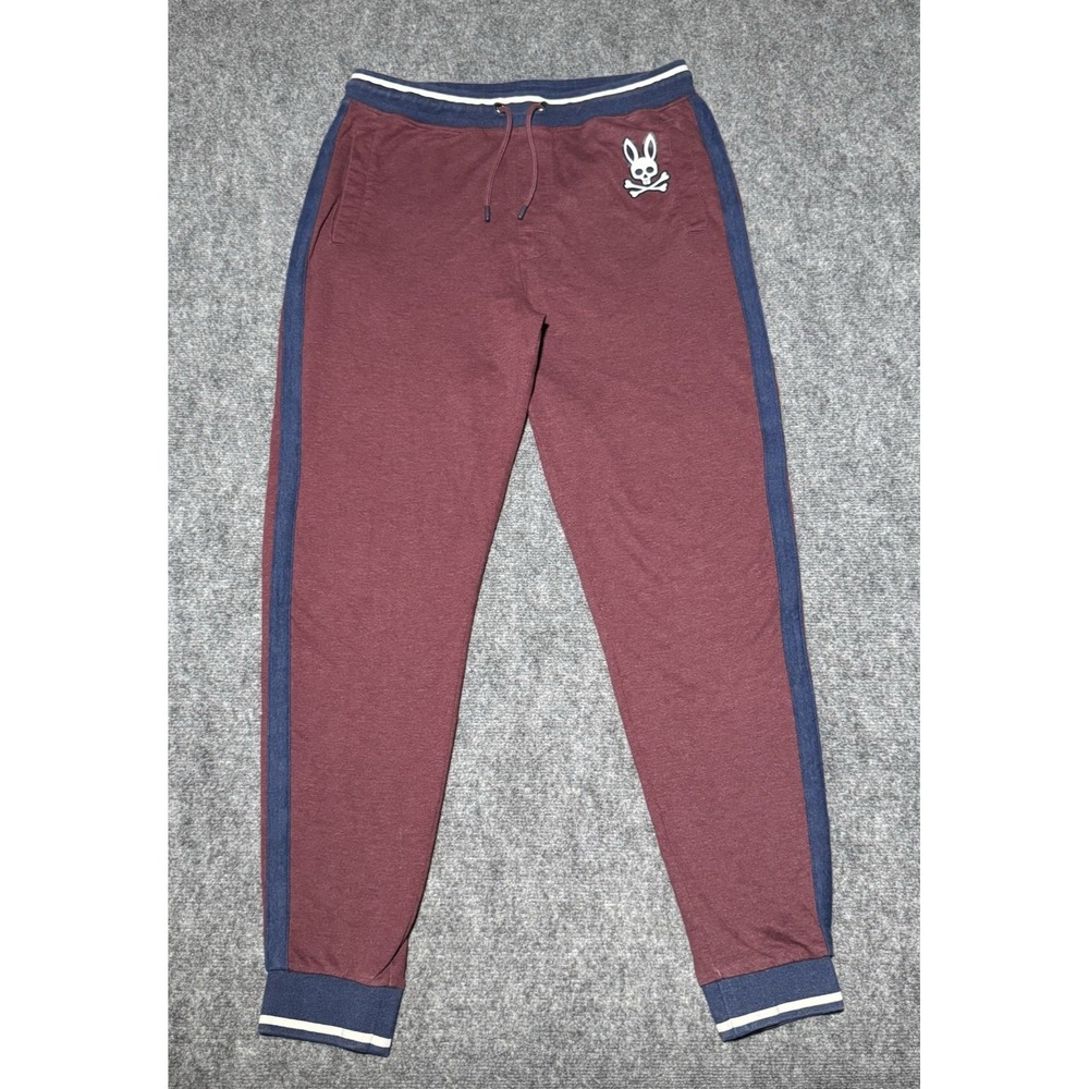 Psycho Bunny Pants Mens Large Burgundy Blue Joggers‎ Lounge Sweatpants Pockets